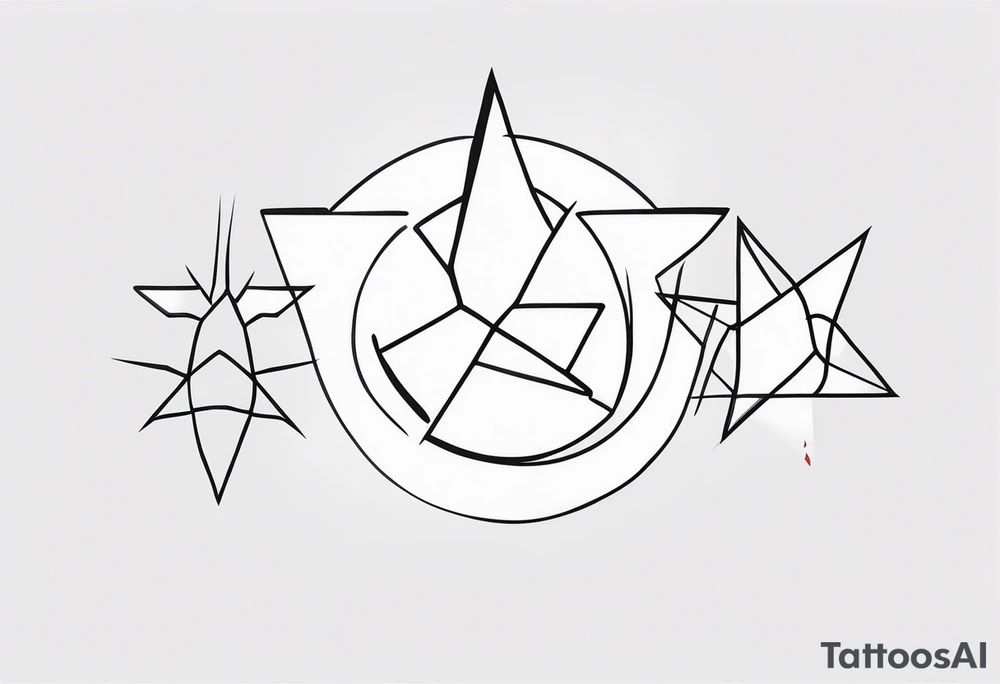 3 stars of different shapes united by a fine line tattoo idea