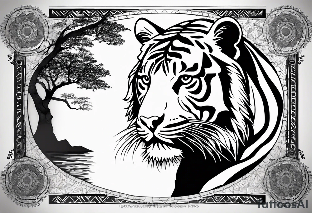 Tiger silhouette with sacred geometry and shapes. Tree of Life growing through the tiger tattoo idea