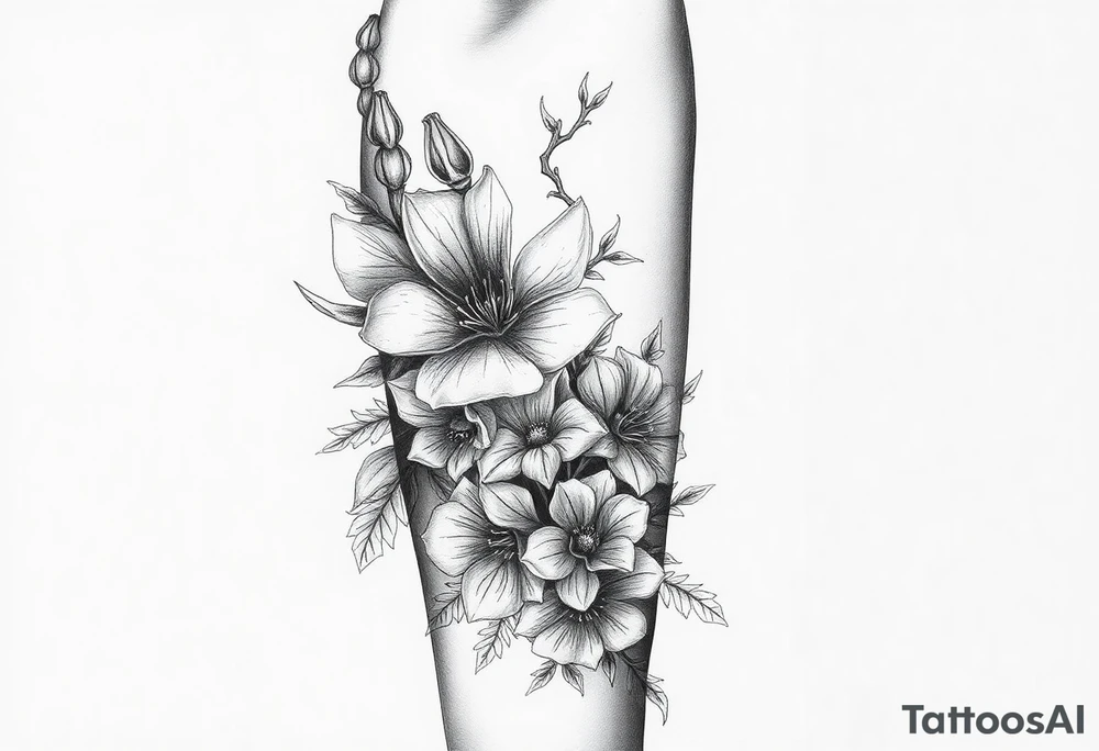 Aconitum flower going up the arm with details gothic style with skulls thorns tribal large more flowers and shading wrapping around tattoo idea
