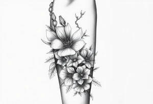 Aconitum flower going up the arm with details gothic style with skulls thorns tribal large more flowers and shading wrapping around tattoo idea