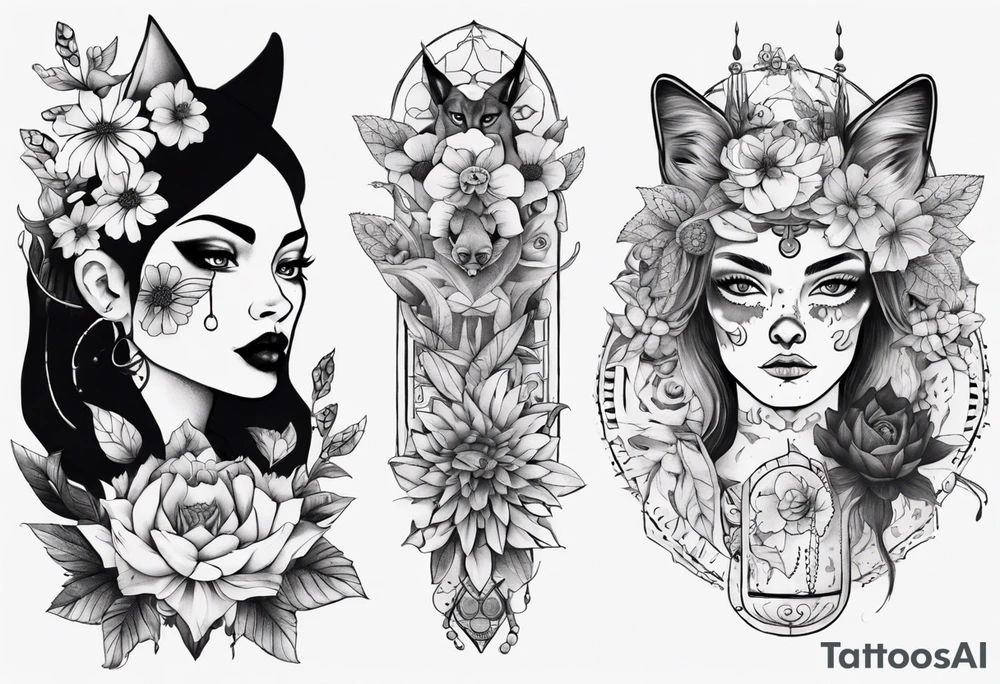B&w tattoo arm with flowers dotting work and with an cat in it and a dark elf woman Scandinavian tattoo idea