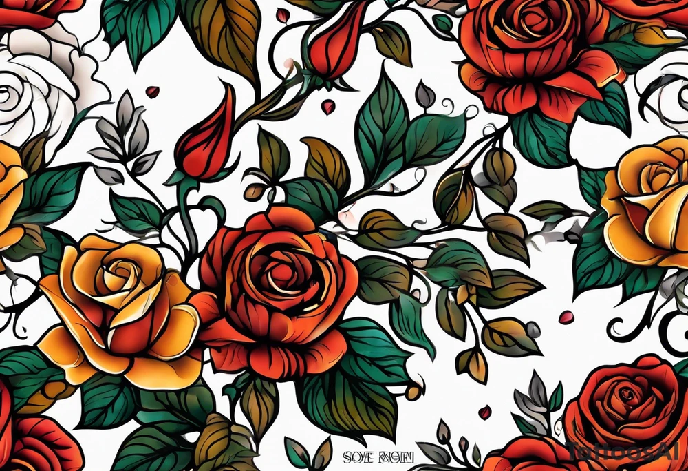 sleeve tattoo in fall colors with roses background swirls, leaves tattoo idea
