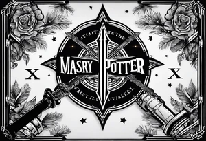 Lightsaber and a Wand from Harry Potter overlapping to make an "X" and in the spaces between the "X" put the letters A,J,L and N. tattoo idea