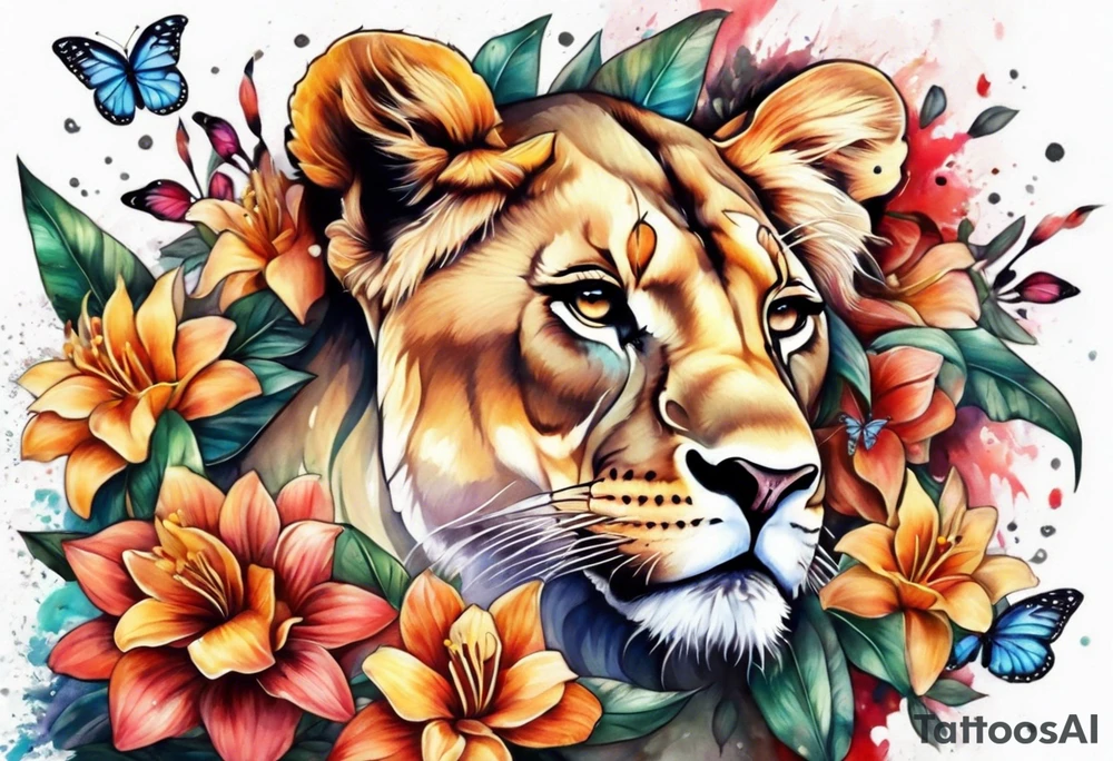 African lioness covered in lilies butterflies crown tattoo idea