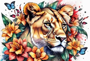 African lioness covered in lilies butterflies crown tattoo idea