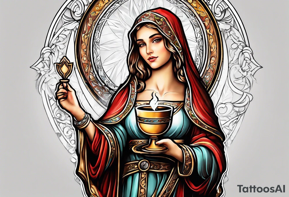 Female saint holding a chalice tattoo idea