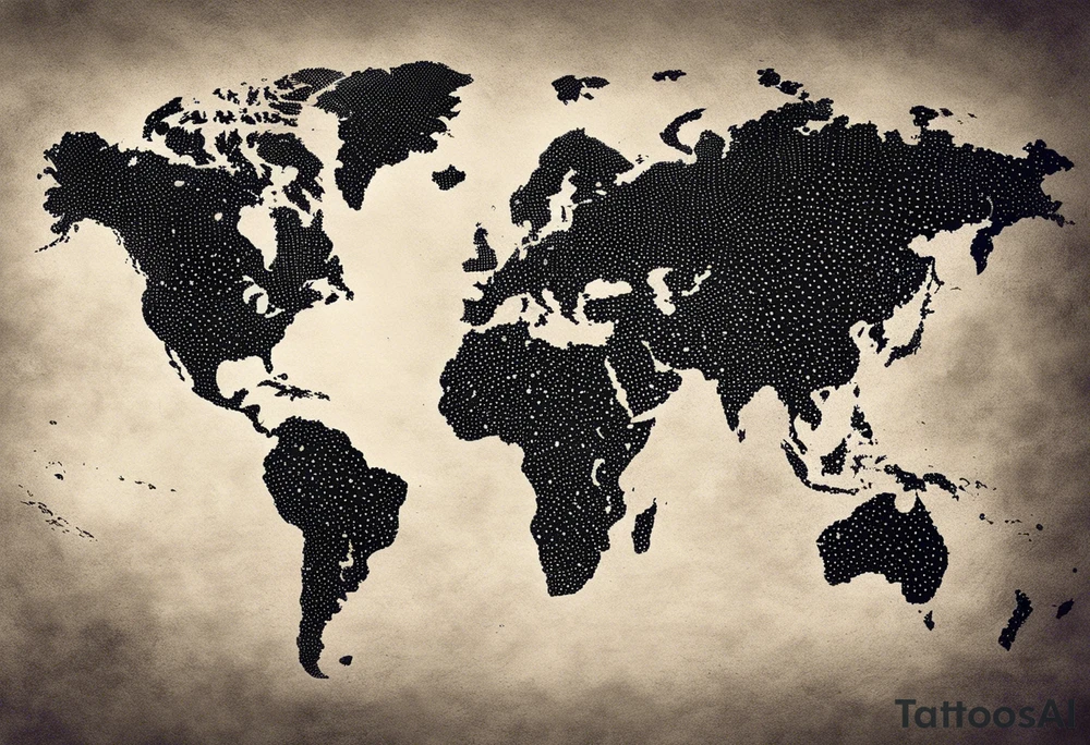 the earth on a flat map with no shading placed on a grid with only the lines with accurate depictions of the borders in countries while having it in an oval/circular position on a grid without any borders on the sides while having the countries not have such bold borders tattoo idea