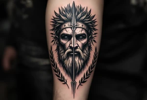 mythological Rome warrior that from his face come down a long arrow and surrounded by a olive tree leaf around tattoo idea