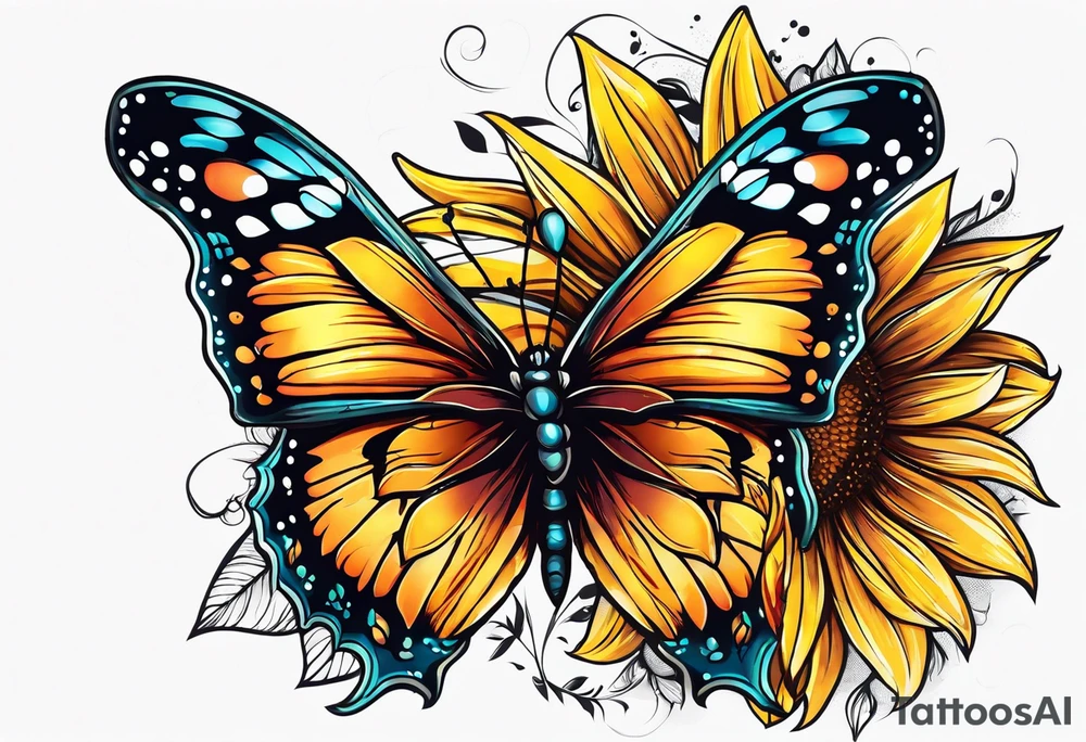 Half butterfly half sunflower tattoo idea