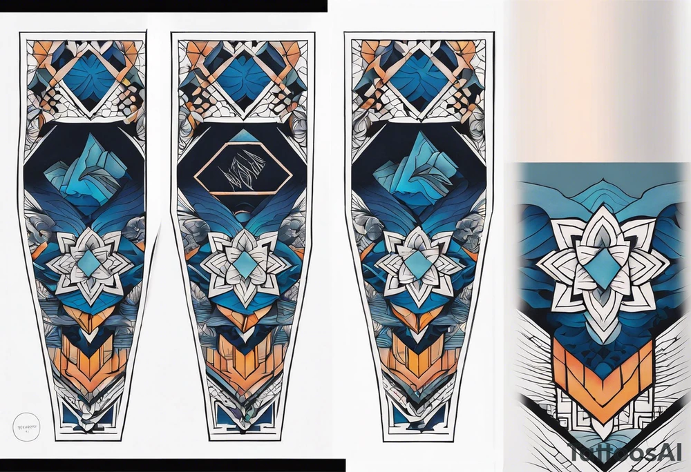 semi Detailed neo traditional knee tattoo flat on paper. The tattoo features geometric patterns and bold lines, creating a visually striking design with slight tints of deep fall colors. The background 
outside the tattoo features deep blues washes and water swirls tattoo idea