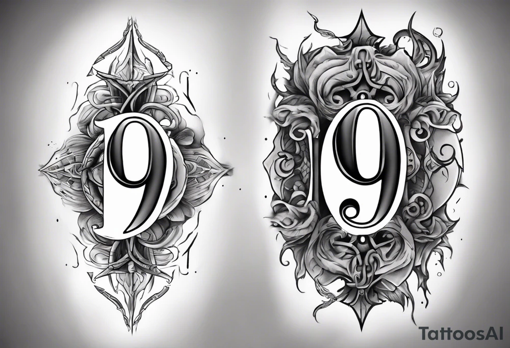 number 9 right side up and upside down connected tattoo black and grey on inside forearm 9:16 aspect ratio tattoo idea