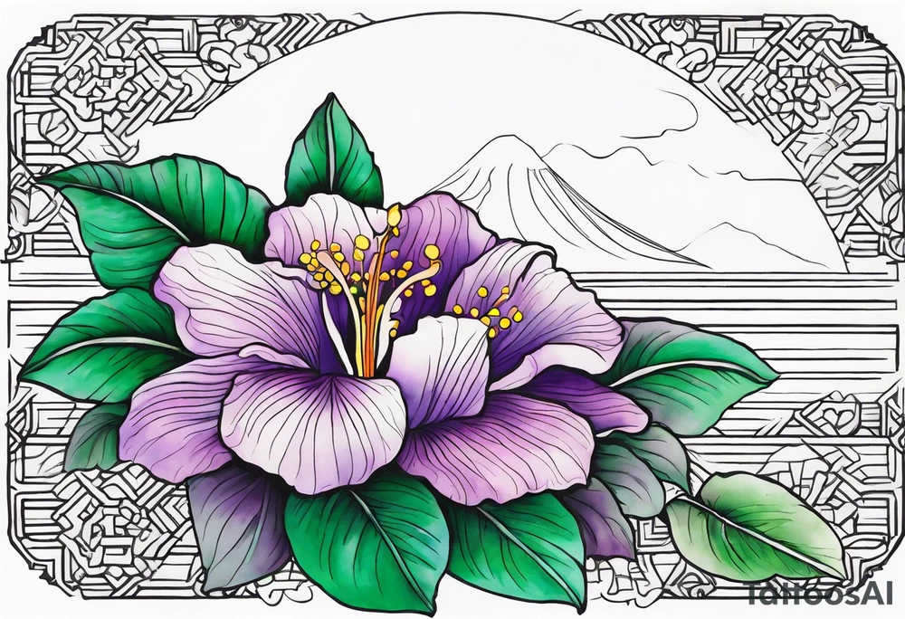 An outline of a rio dipladenia flower with a green and purple watercolor sky in the background tattoo idea
