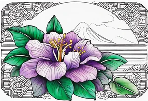 An outline of a rio dipladenia flower with a green and purple watercolor sky in the background tattoo idea
