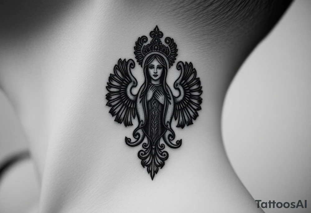 russian coat arms in a christian orthodox style virgin mary on the side of the neck tattoo idea