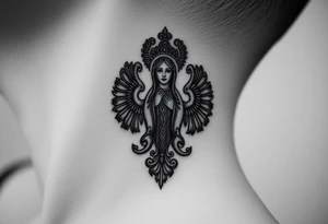 russian coat arms in a christian orthodox style virgin mary on the side of the neck tattoo idea