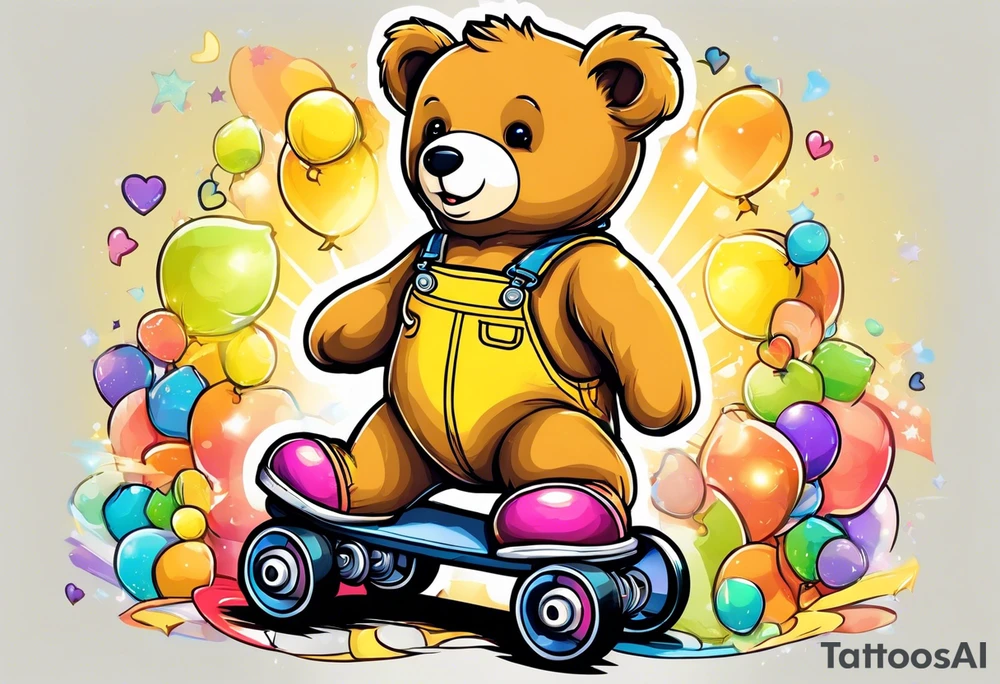 A light brown teddy bear in yellow overalls and rainbow colored roller skates tattoo idea
