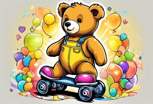 A light brown teddy bear in yellow overalls and rainbow colored roller skates tattoo idea
