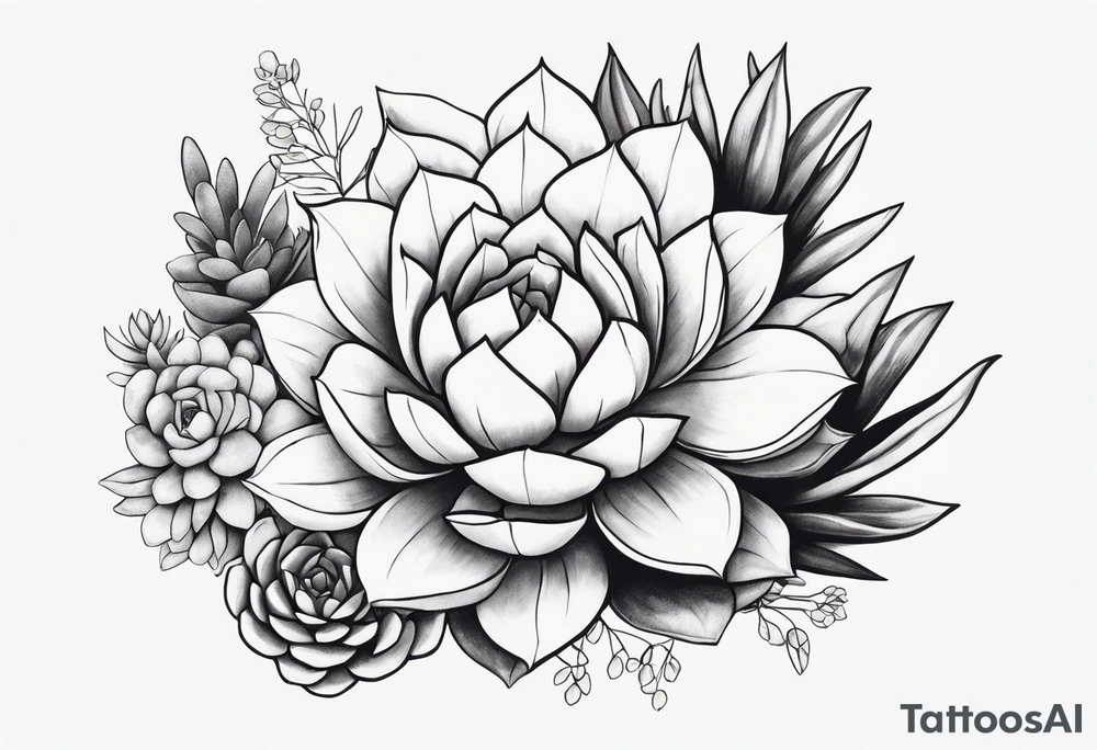 fine line. one big succulent in the middle. Two smaller succulents on the side. Dots and floral
. Sternum tattoo grey scale shading tattoo idea