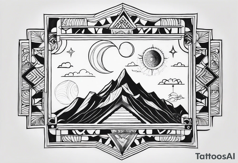 Rectangular arm tattoo around whole upper arm. Mandala inspired Design. Mountains, sea, Sky and moon are depicted. But everything seems to be upside down tattoo idea