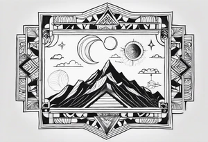 Rectangular arm tattoo around whole upper arm. Mandala inspired Design. Mountains, sea, Sky and moon are depicted. But everything seems to be upside down tattoo idea