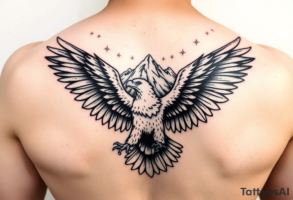 majestic eagle spreading wings against mountain peaks tattoo idea