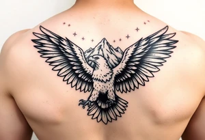 majestic eagle spreading wings against mountain peaks tattoo idea