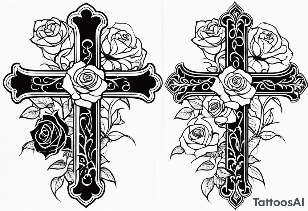 Cross with roses and vines on forarm tattoo idea