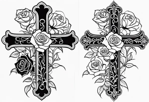 Cross with roses and vines on forarm tattoo idea