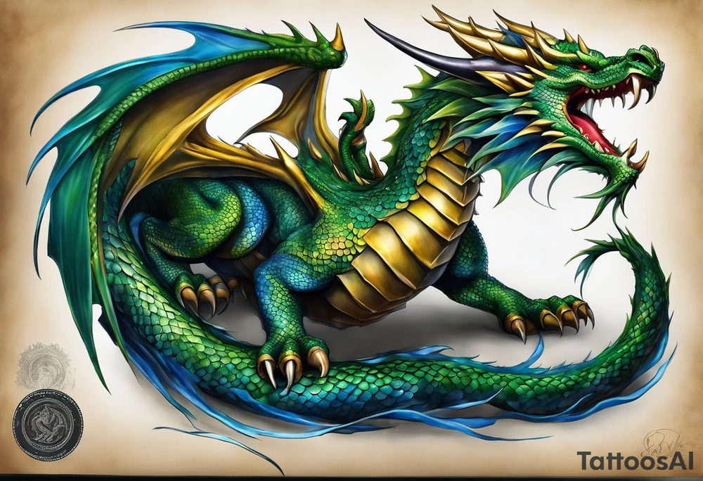 An epic dragon, its body coiling dynamically, with scales and horns detailed to create a sense of movement and strength. The dragon features accents in green, blue, and gold, giving a vibrant depth and a mystical aura. This tattoo highlights the dragon’s fierce expression and sharp claws as it wraps protectively around the leg. Style: Realism tattoo idea