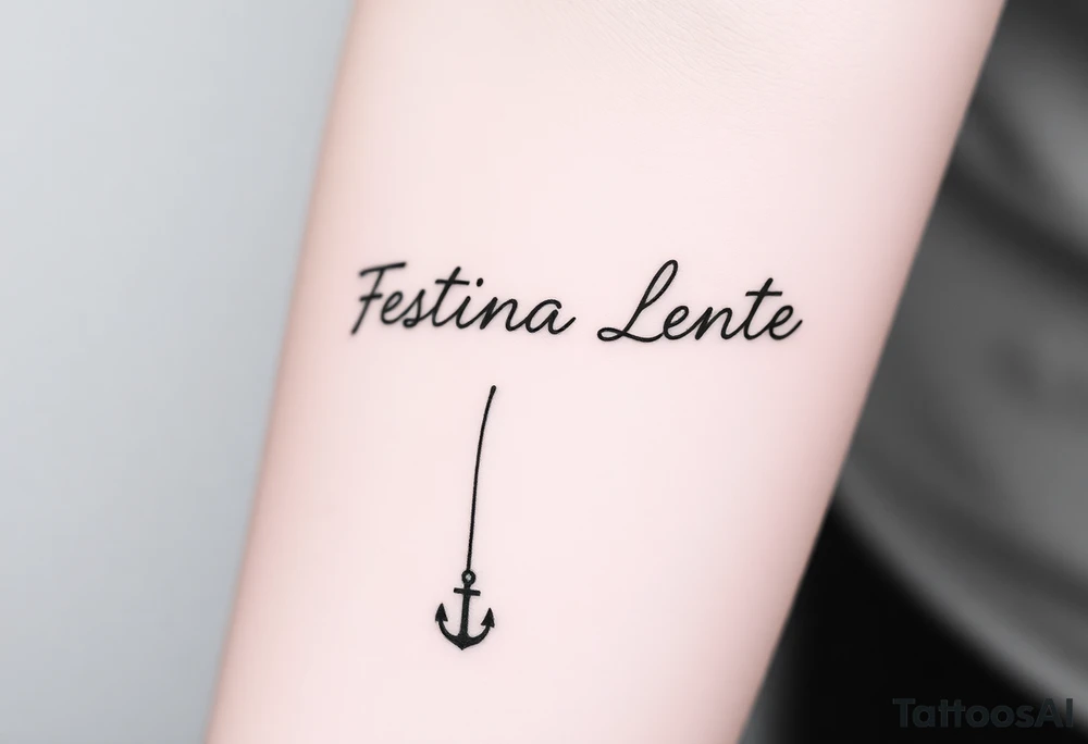 A small, minimal conceptual tattoo for the inner arm.
The phrase “Festina Lente” is not written traditionally; instead, the entire text is formed subtly from a single thin rope.
At the lower end of the rope, a small anchor is attached and appears embedded into the skin, symbolizing patience and stability.
At the opposite end, the rope is being pulled by a very small, minimal, symbolic devil silhouette representing haste.
The rope naturally twists and curves to form the letters of “Festina Lente”, so that at first glance it looks like an abstract rope composition, but upon closer inspection the text becomes readable.
Highly refined, modern calligraphic flow created by the rope itself, elegant and understated.
Black ink only, ultra-fine line work, minimal shading, strong use of negative space, contemporary 2026 tattoo style.
No traditional tattoo elements, no bold outlines, no old-school style, no decorative ornaments.
Clean, intelligent, subtle storytelling tattoo suitable for a small inner-arm placement. tattoo idea
