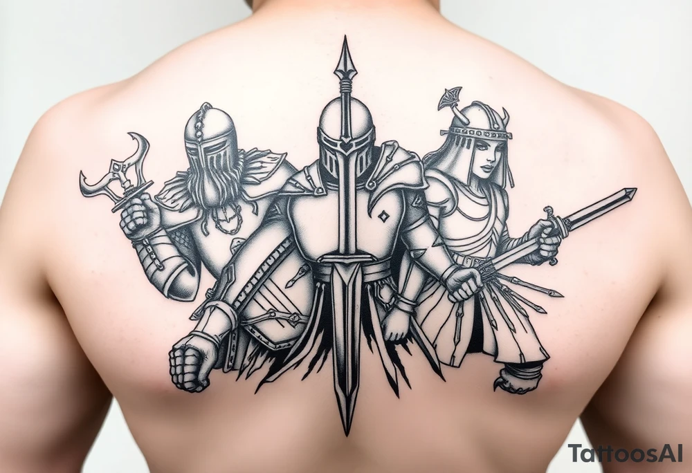 For a full back tattoo create the following battle seen- Viking vs Angus Kahn vs English knight vs Roman gladiator vs Japanese samurai tattoo idea