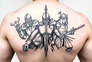 For a full back tattoo create the following battle seen- Viking vs Angus Kahn vs English knight vs Roman gladiator vs Japanese samurai tattoo idea