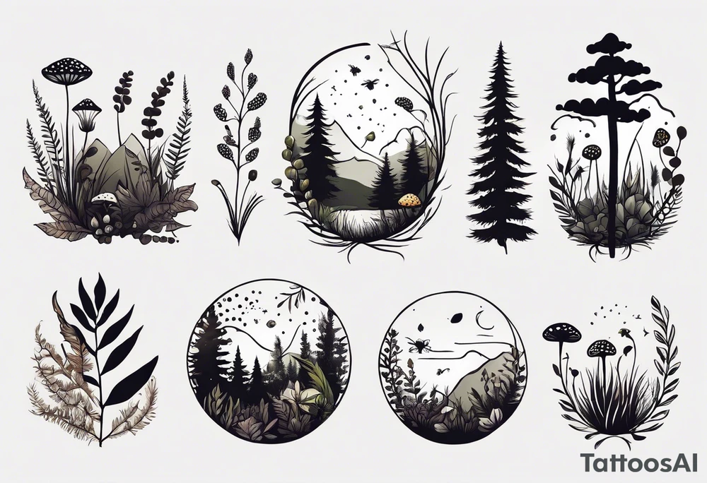 forest floor inspired minimalist tattoo, which includes grass, curly ferns, moss and dead leaves as the bulk of the tattoo. details to include: forest berries, a tiny bumblebee flying nearby, three small brown mushrooms
Generate a vertically long one tattoo idea