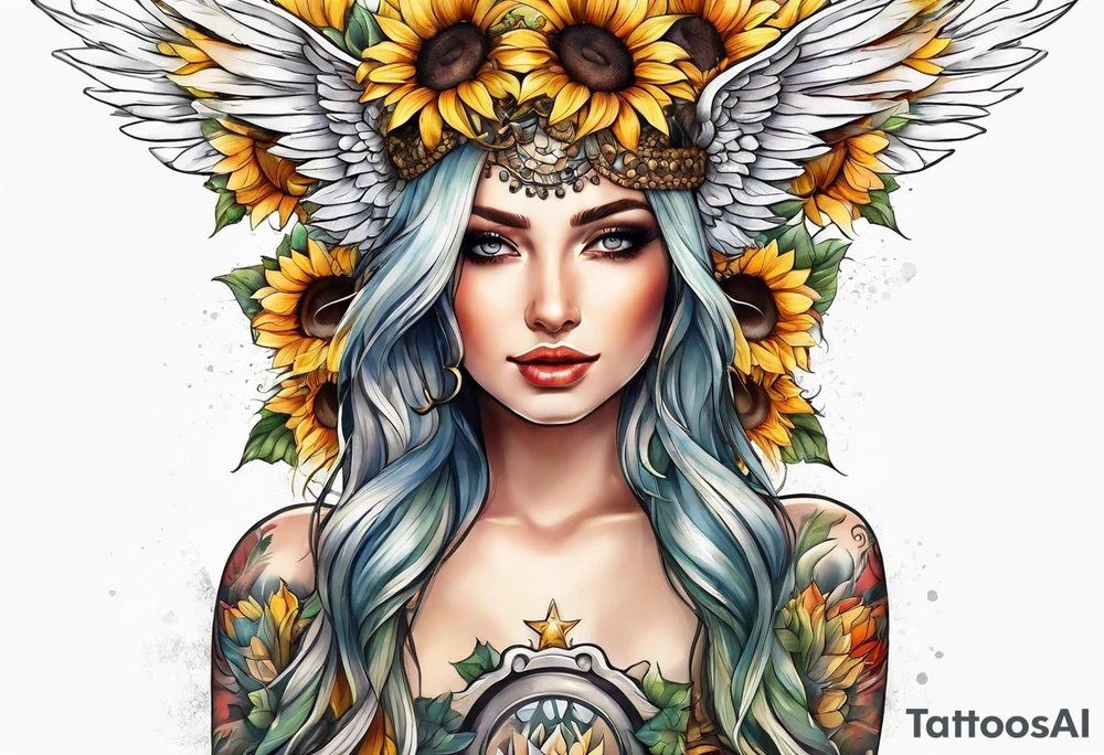 Sunflowers and angel wings leg sleeve tattoo idea