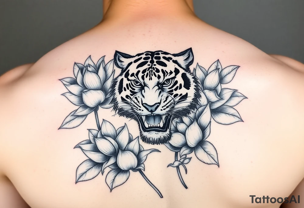 fierce tiger emerging through blooming lotus flowers in mist tattoo idea
