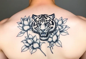 fierce tiger emerging through blooming lotus flowers in mist tattoo idea