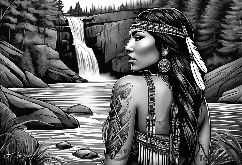 A native American Indian woman by a waterfall she is Aquarius water barrer she has tattoos and her eyes can see right through you tattoo idea