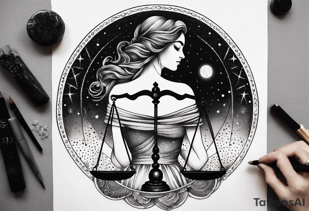 Libra woman holding scales with a night zodiac background including a half moon that encircles half of the woman tattoo idea
