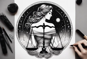Libra woman holding scales with a night zodiac background including a half moon that encircles half of the woman tattoo idea