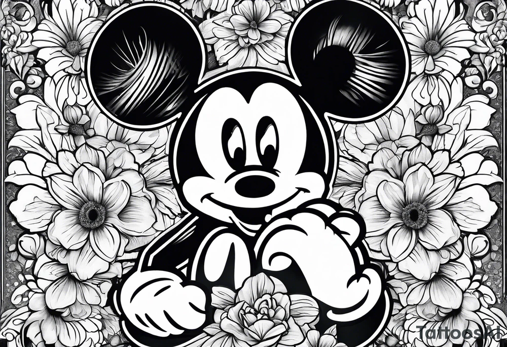 hidden mickey mouse in flowers tattoo idea