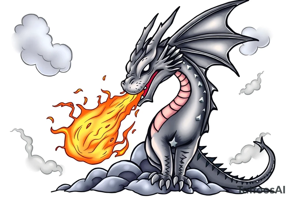 fierce dragon breathing iridescent fire against stormy skies tattoo idea