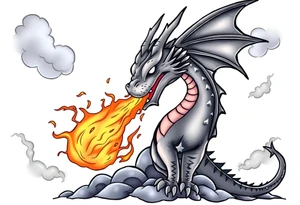 fierce dragon breathing iridescent fire against stormy skies tattoo idea