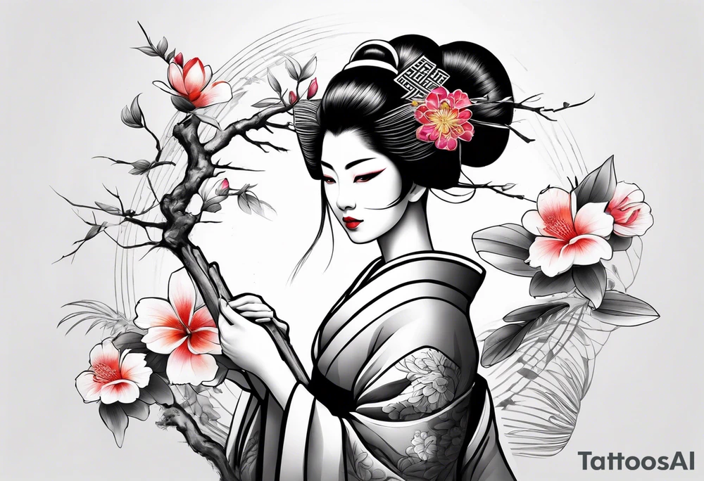 design of a geisha with a branch and a flower, asian style with color tattoo idea