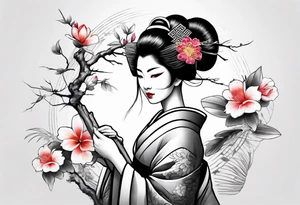 design of a geisha with a branch and a flower, asian style with color tattoo idea