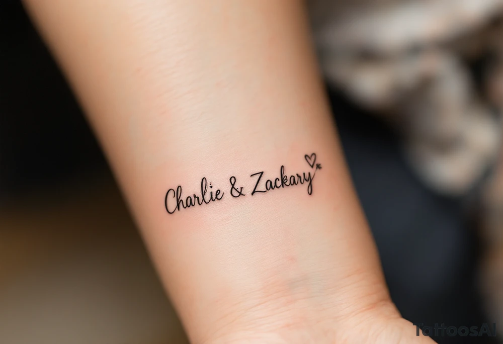 Create a small, elegant tattoo design that incorporates the names "Charlie" and "Zackary." Use delicate, cursive script for the names and interweave subtle elements such as a small heart, minimal floral accents, or an infinity symbol to symbolize enduring love and family. The overall design should be minimalist and refined, perfect for a discreet placement like the wrist or inner forearm. tattoo idea