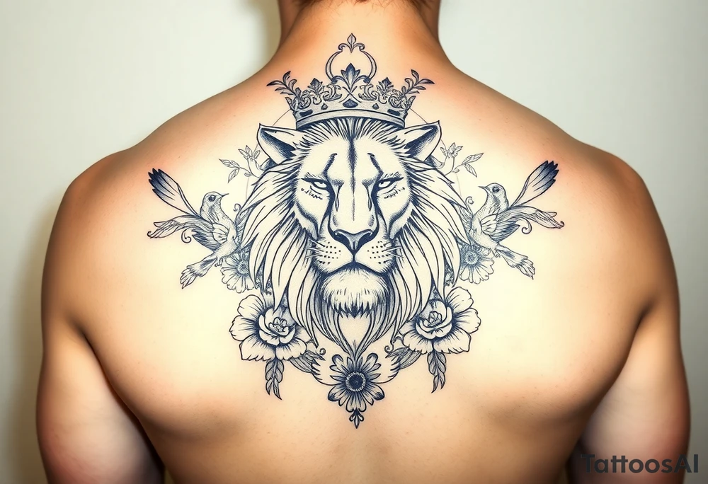 powerful majestic lion with a crown, surrounded by floral ornaments and birds tattoo idea
