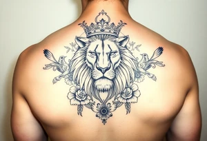 powerful majestic lion with a crown, surrounded by floral ornaments and birds tattoo idea