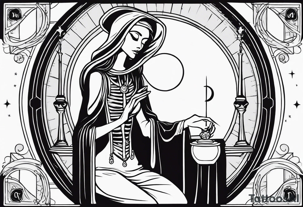 High priestess as a skeleton with moon tarot card tattoo idea