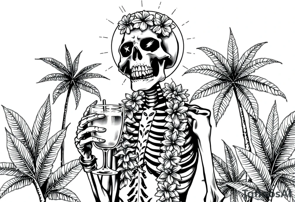 a skeleton in hawaii-outfit, palms, a cocktail,sun,sun-glasses. tattoo idea