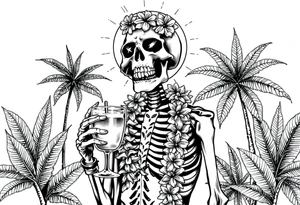 a skeleton in hawaii-outfit, palms, a cocktail,sun,sun-glasses. tattoo idea